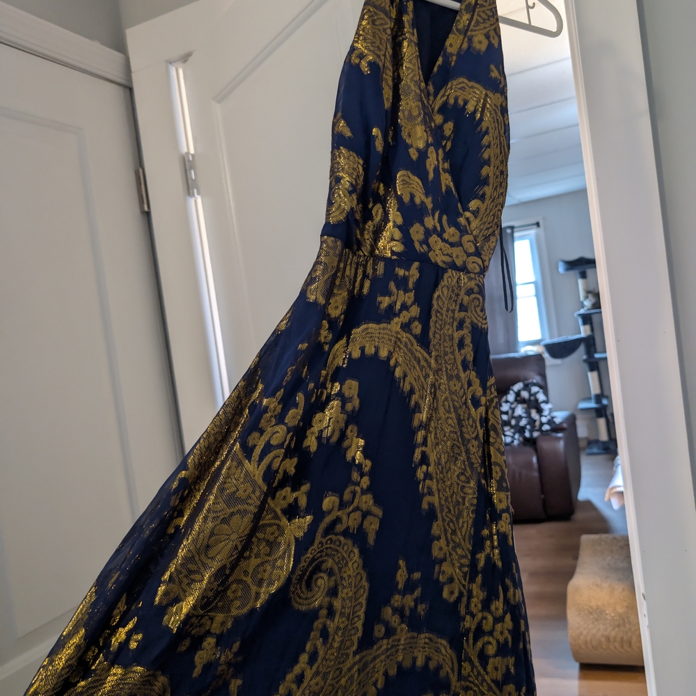 Elegant Navy and Gold Paisley Dress